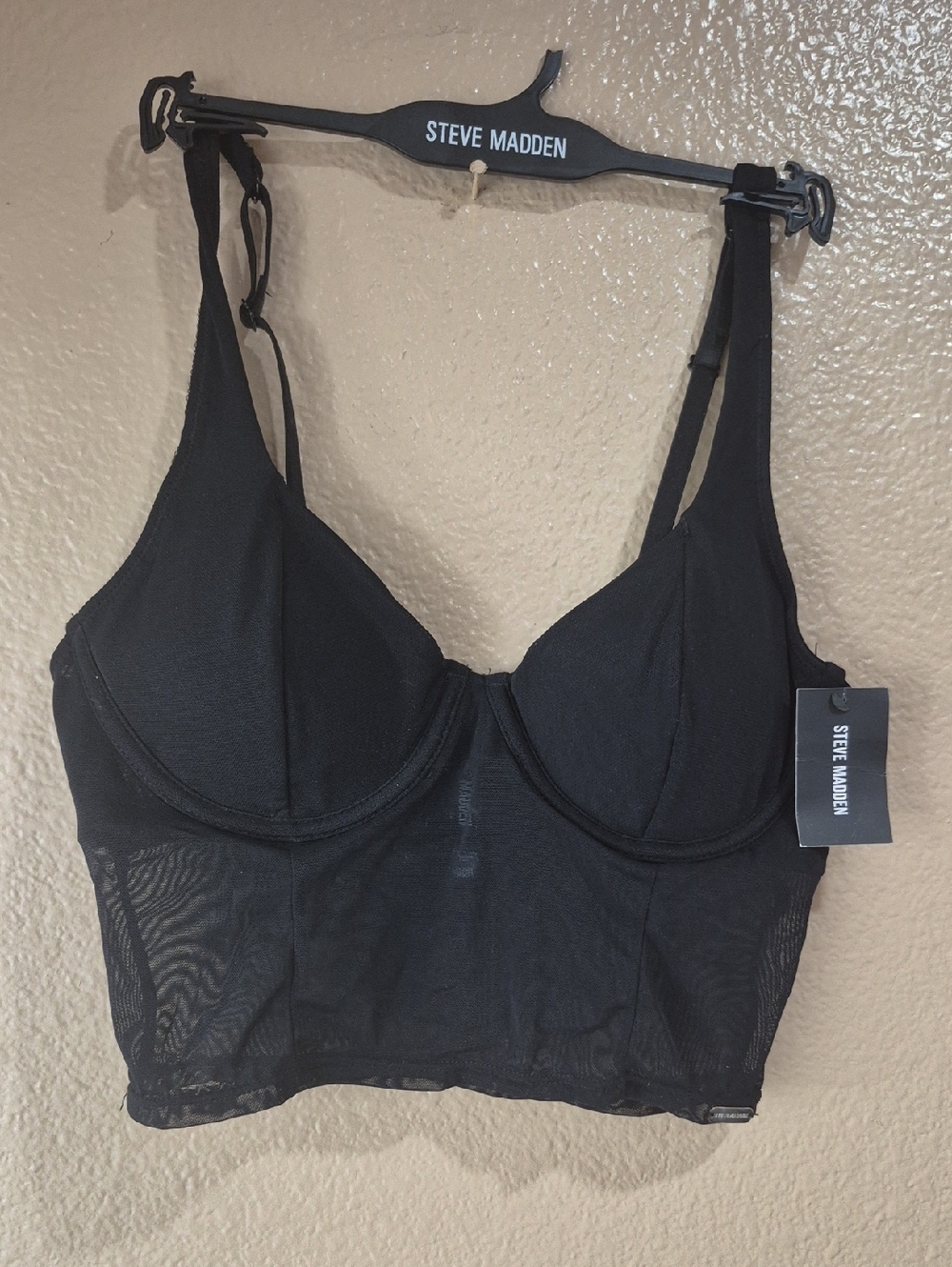 Steve Madden Black Longline Underwire Mesh Bra Top